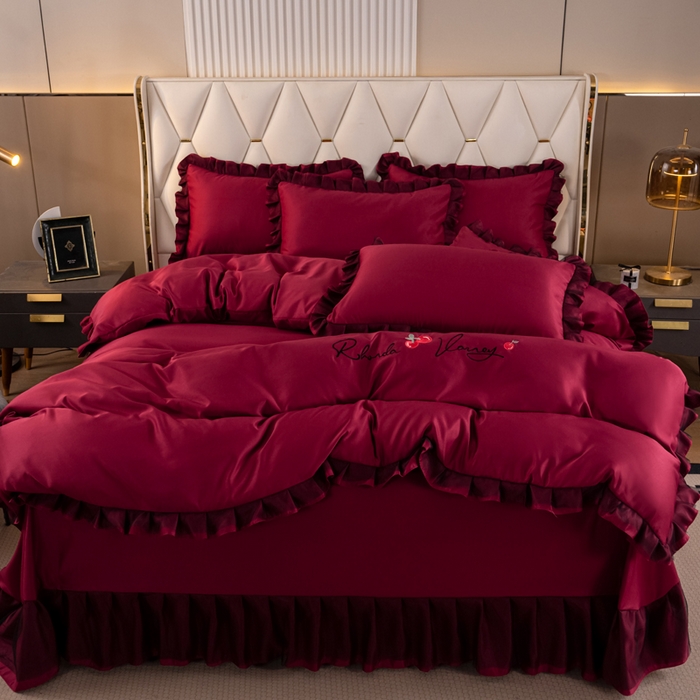 91家纺网 家纺一手货源 找家纺 畅畅家纺 2026新款水洗天丝纯色刺绣四件套床品套件 初夏酒红