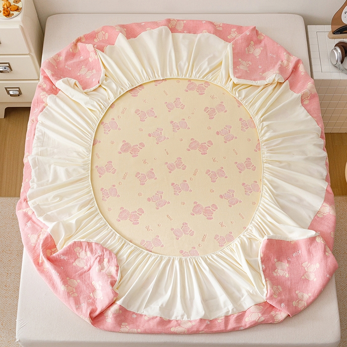 91家纺网 家纺一手货源 找家纺 悦然毛巾被 2026新款水洗三层纱布全棉床笠套件床单夹棉床罩A类单床笠床笠单件 晴粉