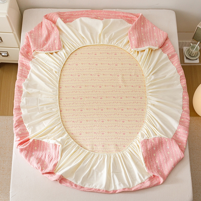 91家纺网 家纺一手货源 找家纺 悦然毛巾被 2026新款水洗三层纱布全棉床笠套件床单夹棉床罩A类单床笠床笠单件 空境粉