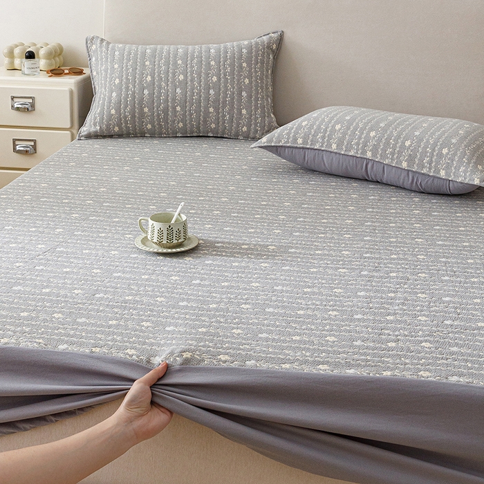 悦然毛巾被 2026新款水洗三层纱布全棉床笠套件床单夹棉床罩A类单床笠床笠单件 空境灰