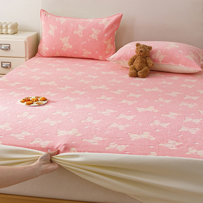 悦然毛巾被 2026新款水洗三层纱布全棉床笠套件床单夹棉床罩A类单床笠床笠单件 晴粉