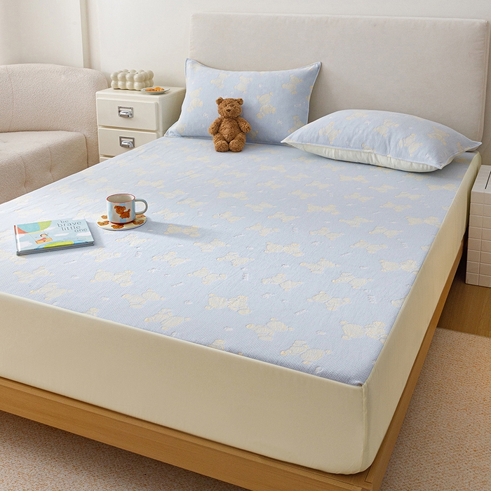 91家纺网 家纺一手货源 找家纺 悦然毛巾被 2026新款水洗三层纱布全棉床笠套件床单夹棉床罩A类单床笠床笠单件 晴蓝