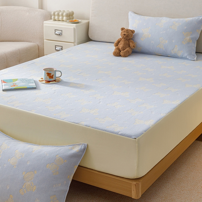 91家纺网 家纺一手货源 找家纺 悦然毛巾被 2026新款水洗三层纱布全棉床笠套件床单夹棉床罩A类单床笠床笠单件 晴蓝