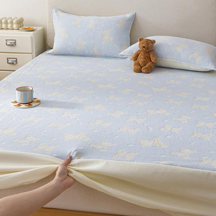 悦然毛巾被 2026新款水洗三层纱布全棉床笠套件床单夹棉床罩A类单床笠床笠单件 晴蓝