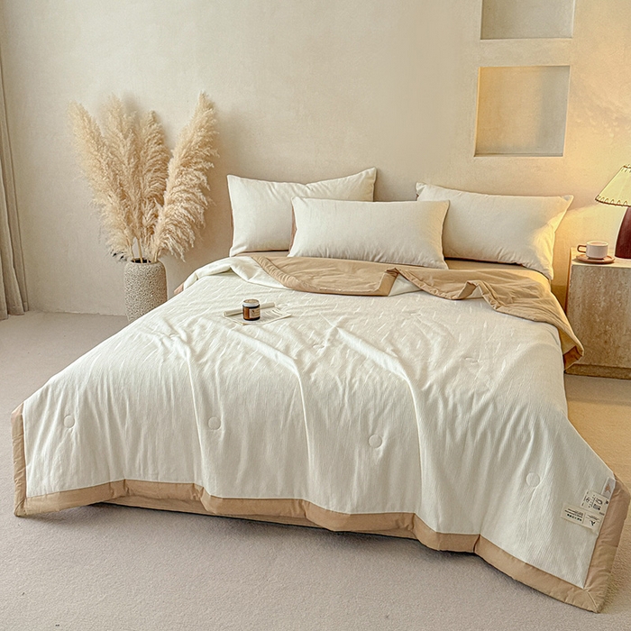 91家纺网 家纺一手货源 找家纺 一加一 2026新款全棉纯棉三层纱色织提花大豆夏被四件套-云棉肌理 佐冉（米白）