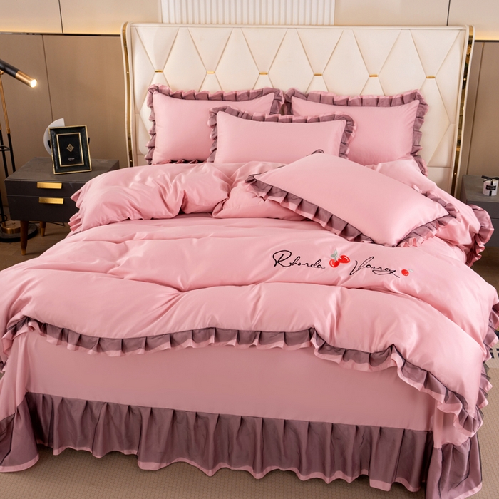 91家纺网 家纺一手货源 找家纺 畅畅家纺 2026新款水洗天丝纯色刺绣四件套床品套件 初夏浅粉