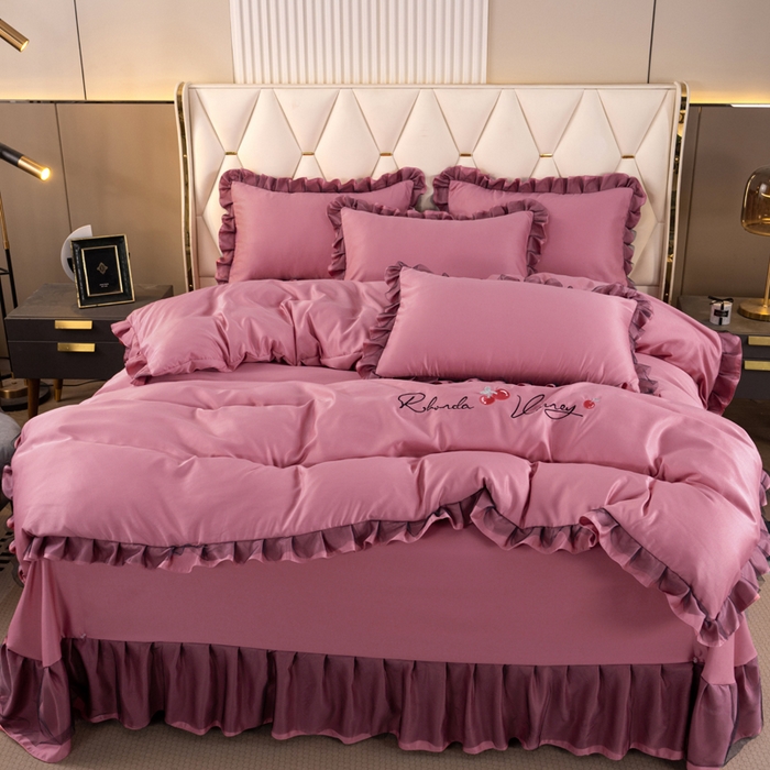 91家纺网 家纺一手货源 找家纺 畅畅家纺 2026新款水洗天丝纯色刺绣四件套床品套件 初夏深豆沙