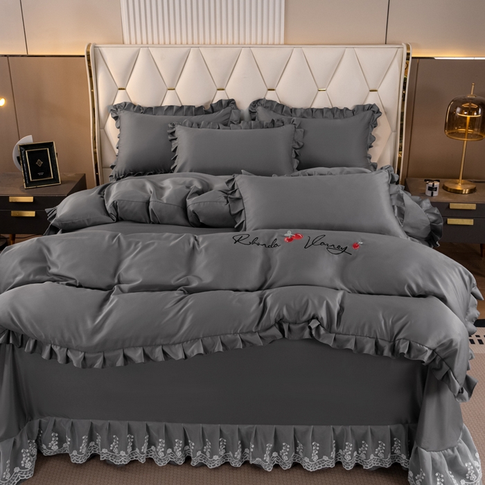 91家纺网 家纺一手货源 找家纺 畅畅家纺 2026新款水洗天丝纯色刺绣四件套床品套件 盛夏灰