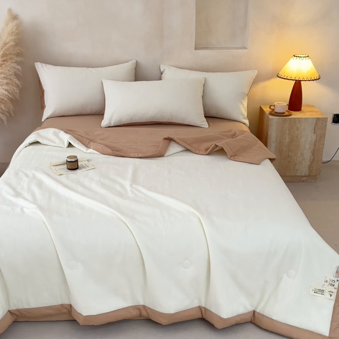 91家纺网 家纺一手货源 找家纺 一加一 2026新款全棉纯棉三层纱色织提花大豆夏被四件套-云棉肌理 佐冉（米白）