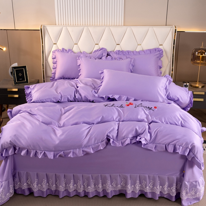 91家纺网 家纺一手货源 找家纺 畅畅家纺 2026新款水洗天丝纯色刺绣四件套床品套件 盛夏香芋紫