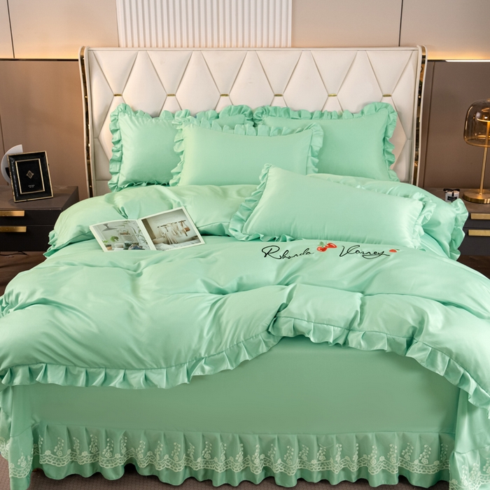 91家纺网 家纺一手货源 找家纺 畅畅家纺 2026新款水洗天丝纯色刺绣四件套床品套件 盛夏浅绿