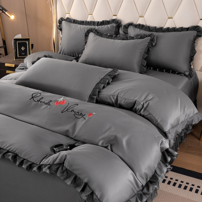 91家纺网 家纺一手货源 找家纺 畅畅家纺 2026新款水洗天丝纯色刺绣四件套床品套件 初夏灰