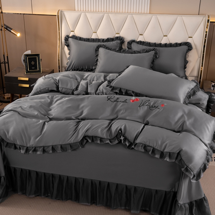 91家纺网 家纺一手货源 找家纺 畅畅家纺 2026新款水洗天丝纯色刺绣四件套床品套件 初夏灰