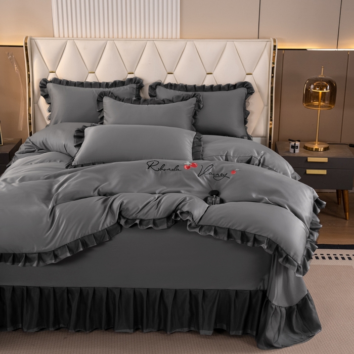 91家纺网 家纺一手货源 找家纺 畅畅家纺 2026新款水洗天丝纯色刺绣四件套床品套件 初夏灰