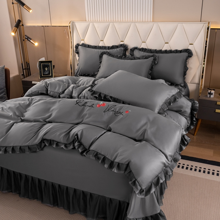 91家纺网 家纺一手货源 找家纺 畅畅家纺 2026新款水洗天丝纯色刺绣四件套床品套件 初夏灰