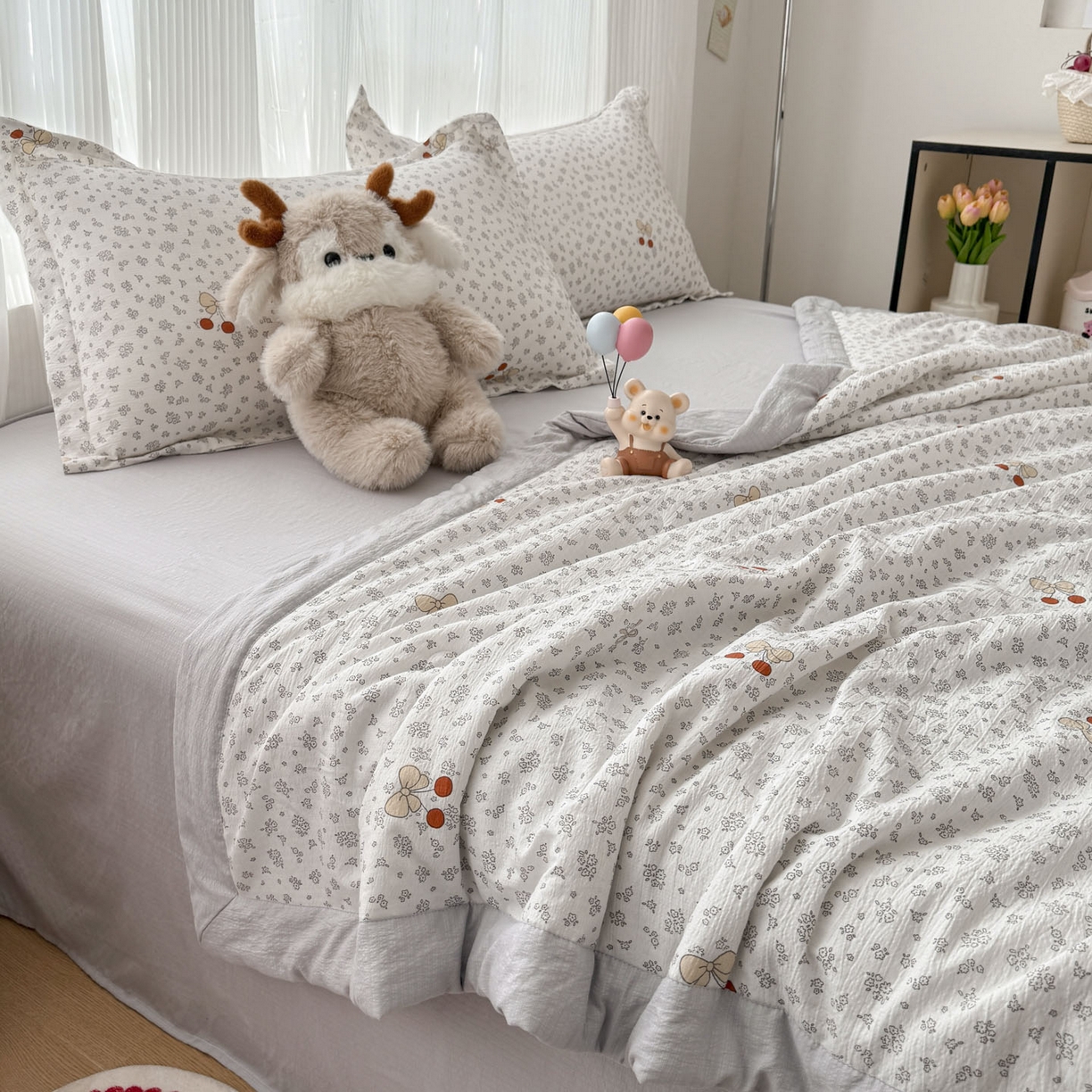 91家纺网 家纺一手货源 找家纺 蓝冰家纺 2026新款a类泡芙双层纱大豆夏被夏凉被空调被夏被四件套 泡芙-红樱桃