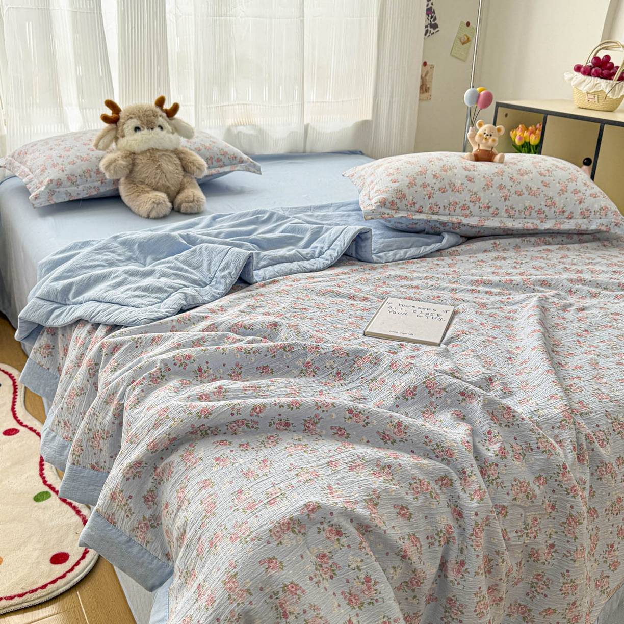 91家纺网 家纺一手货源 找家纺 蓝冰家纺 2026新款a类泡芙双层纱大豆夏被夏凉被空调被夏被四件套 泡芙-花开富贵