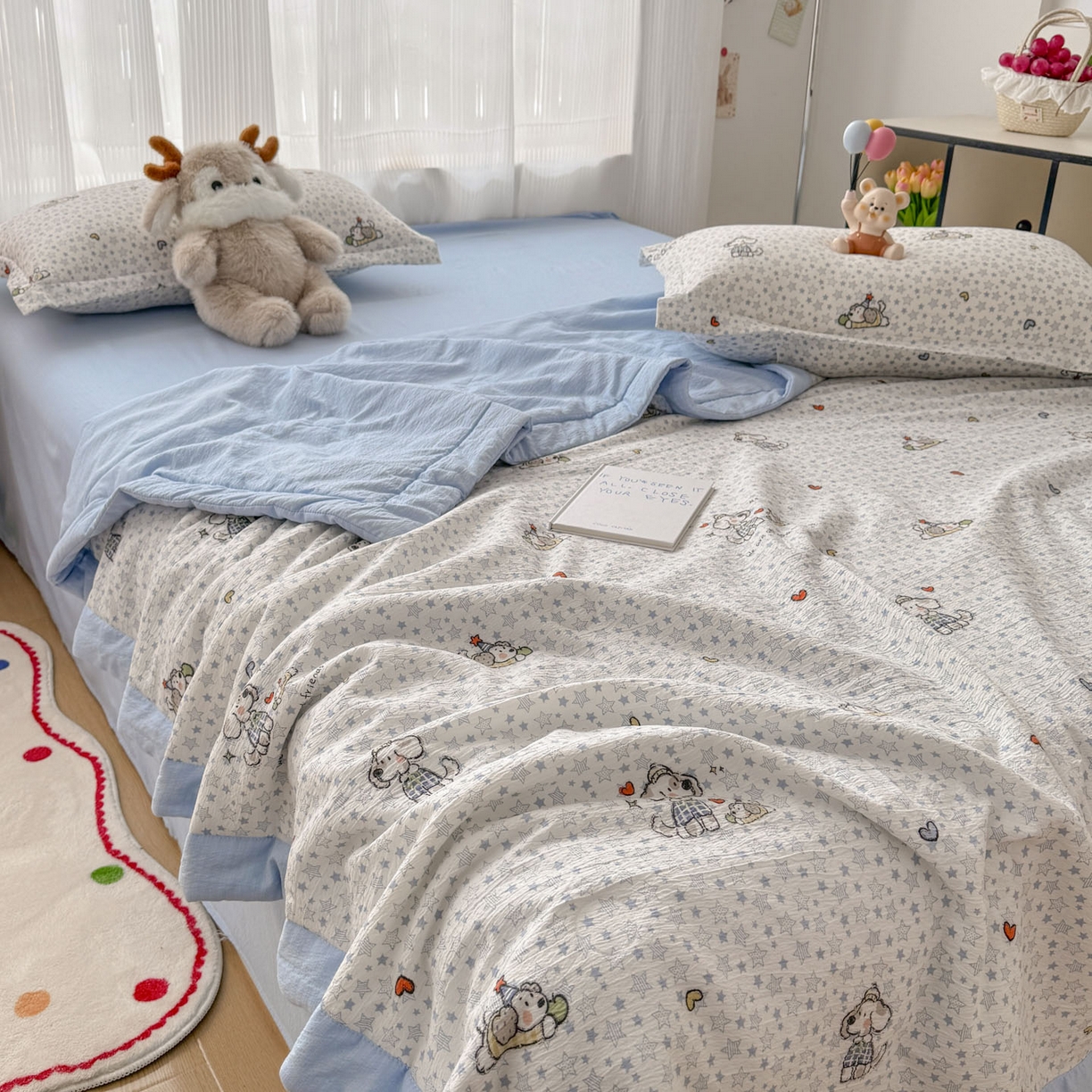 91家纺网 家纺一手货源 找家纺 蓝冰家纺 2026新款a类泡芙双层纱大豆夏被夏凉被空调被夏被四件套 泡芙-happy狗