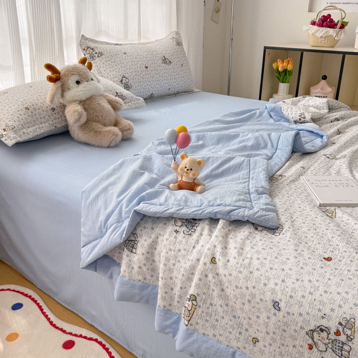 91家纺网 家纺一手货源 找家纺 蓝冰家纺 2026新款a类泡芙双层纱大豆夏被夏凉被空调被夏被四件套 泡芙-happy狗