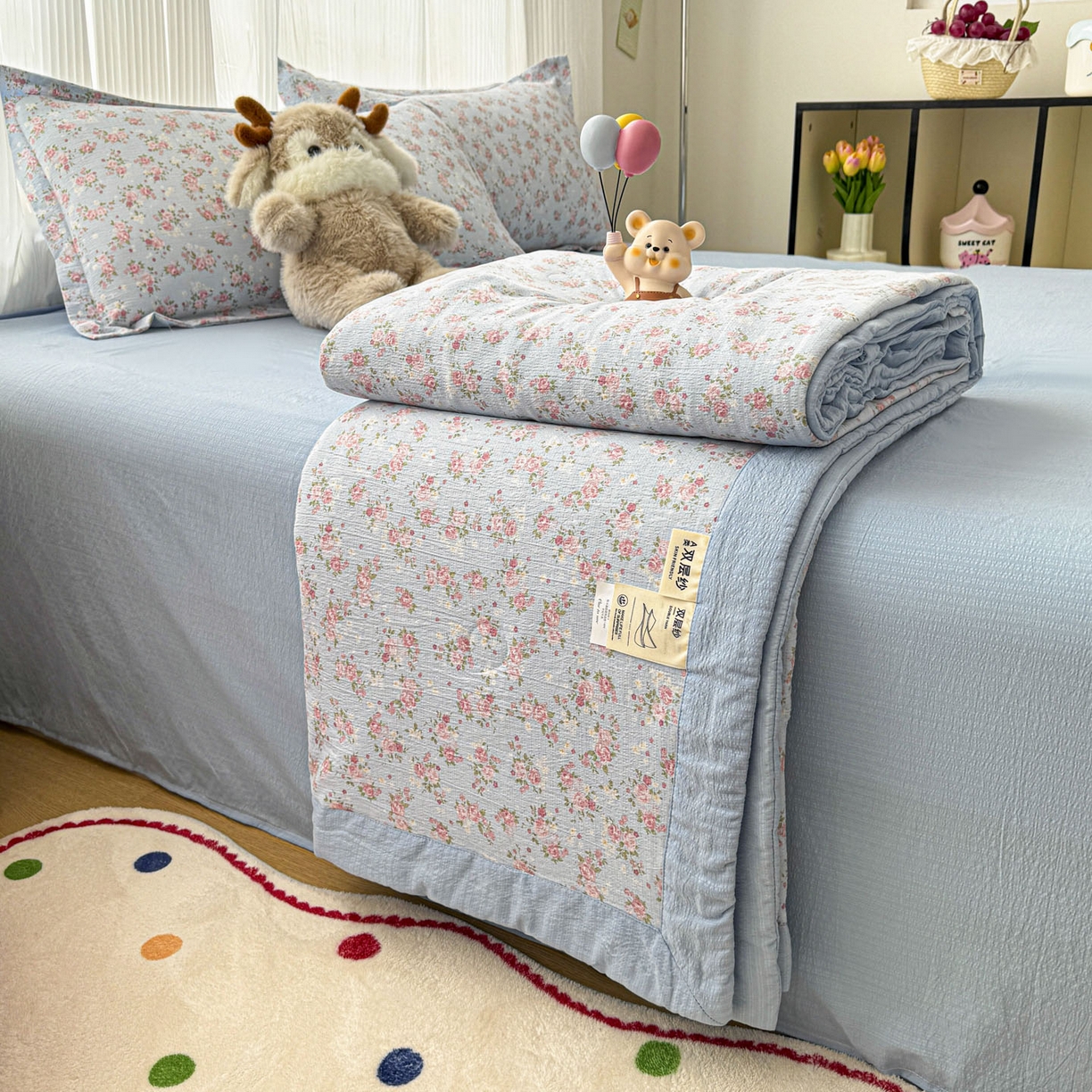 91家纺网 家纺一手货源 找家纺 蓝冰家纺 2026新款a类泡芙双层纱大豆夏被夏凉被空调被夏被四件套 泡芙-花开富贵