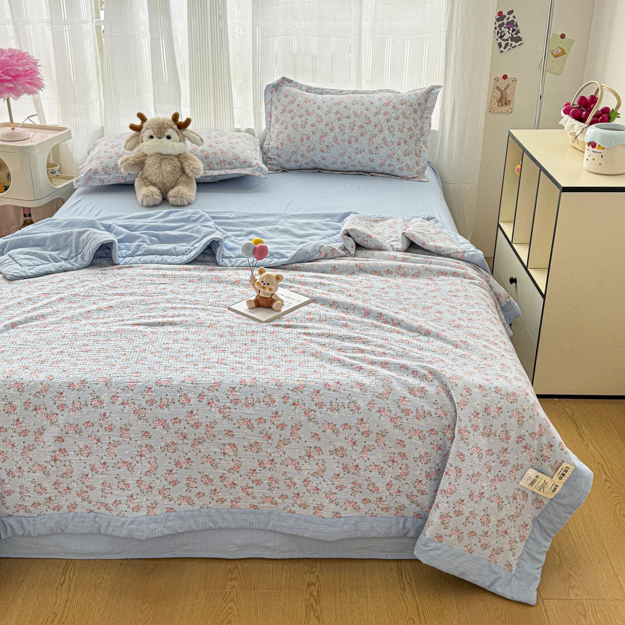 91家纺网 家纺一手货源 找家纺 蓝冰家纺 2026新款a类泡芙双层纱大豆夏被夏凉被空调被夏被四件套 泡芙-花开富贵