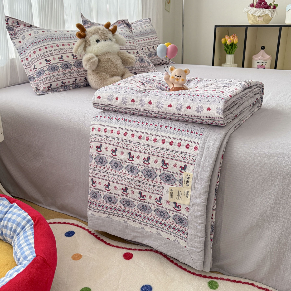 91家纺网 家纺一手货源 找家纺 蓝冰家纺 2026新款a类泡芙双层纱大豆夏被夏凉被空调被夏被四件套 泡芙-童趣木马