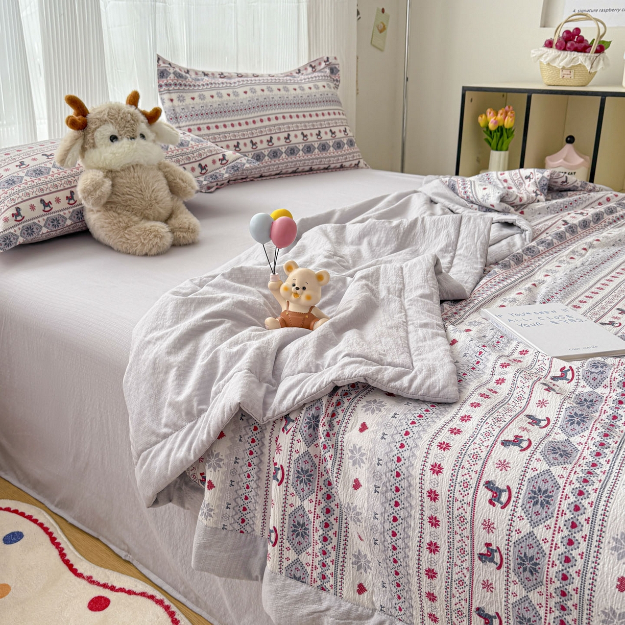 91家纺网 家纺一手货源 找家纺 蓝冰家纺 2026新款a类泡芙双层纱大豆夏被夏凉被空调被夏被四件套 泡芙-童趣木马