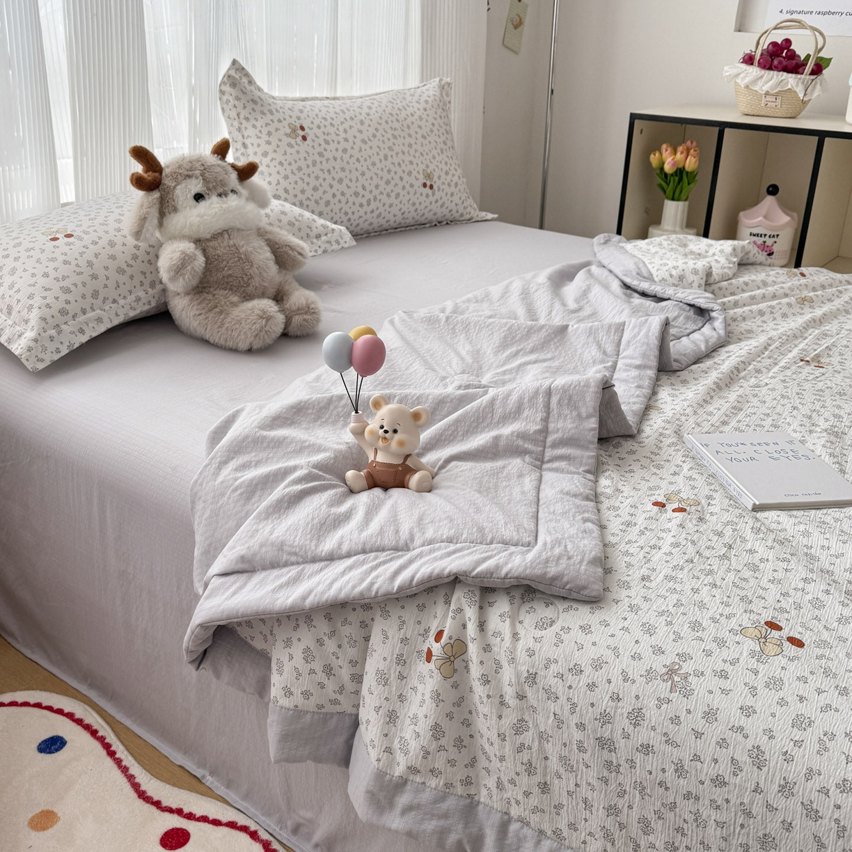 91家纺网 家纺一手货源 找家纺 蓝冰家纺 2026新款a类泡芙双层纱大豆夏被夏凉被空调被夏被四件套 泡芙-红樱桃