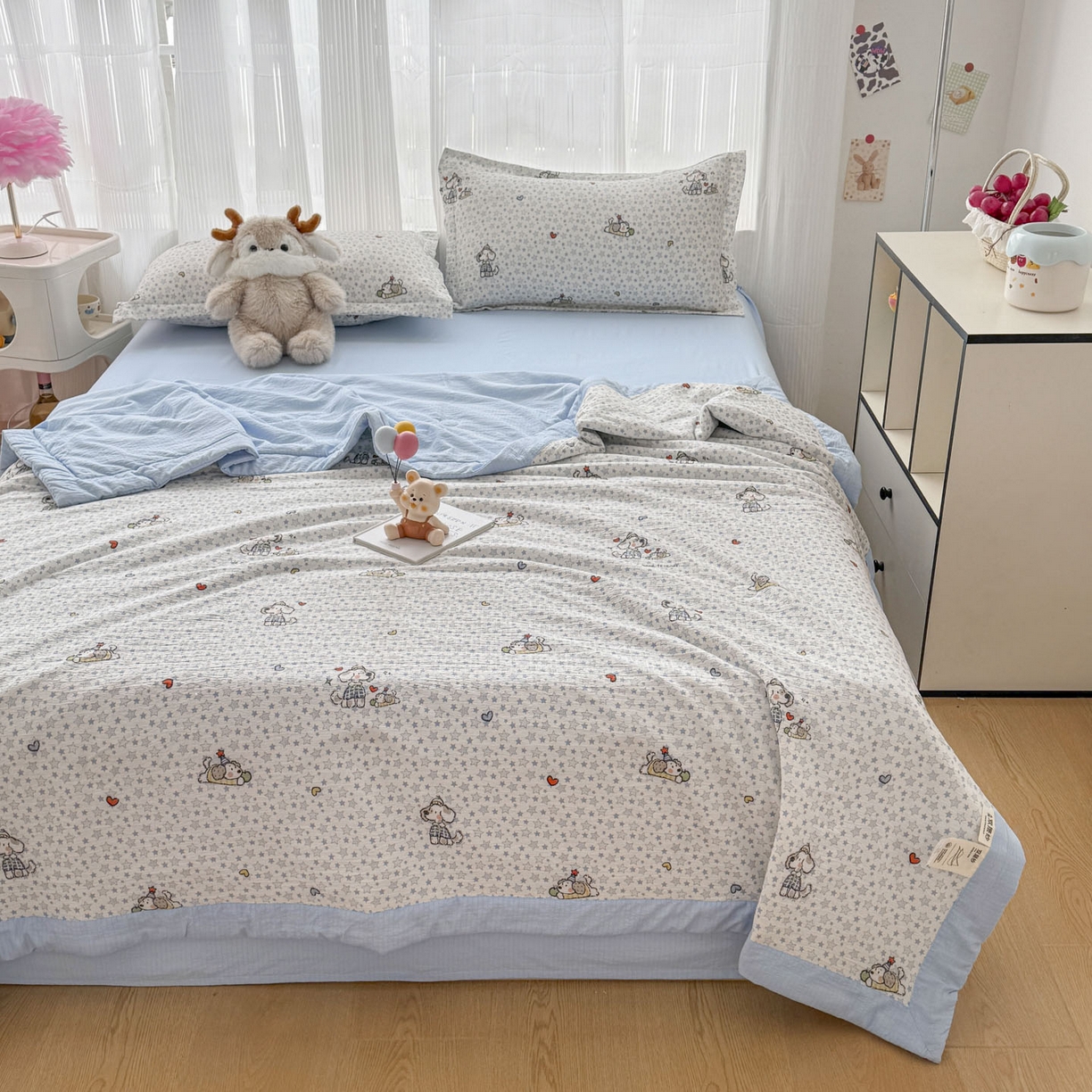 91家纺网 家纺一手货源 找家纺 蓝冰家纺 2026新款a类泡芙双层纱大豆夏被夏凉被空调被夏被四件套 泡芙-happy狗