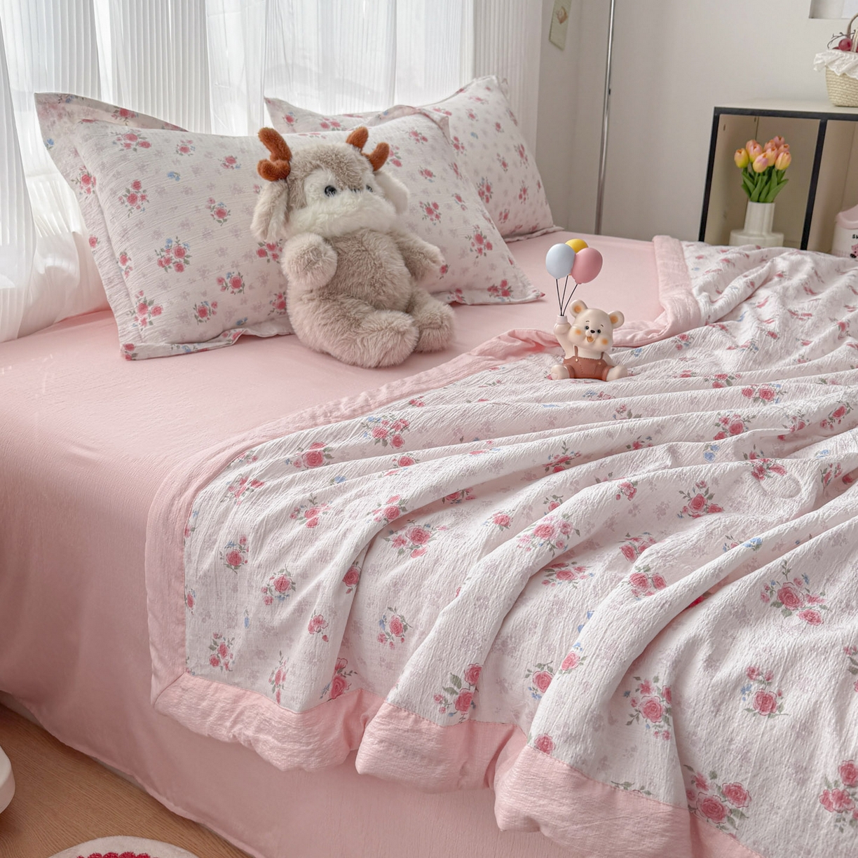 91家纺网 家纺一手货源 找家纺 蓝冰家纺 2026新款a类泡芙双层纱大豆夏被夏凉被空调被夏被四件套 泡芙-花枝招展