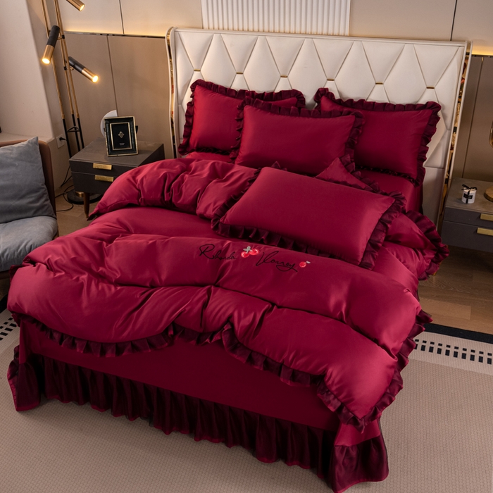 91家纺网 家纺一手货源 找家纺 畅畅家纺 2026新款水洗天丝纯色刺绣四件套床品套件 初夏酒红