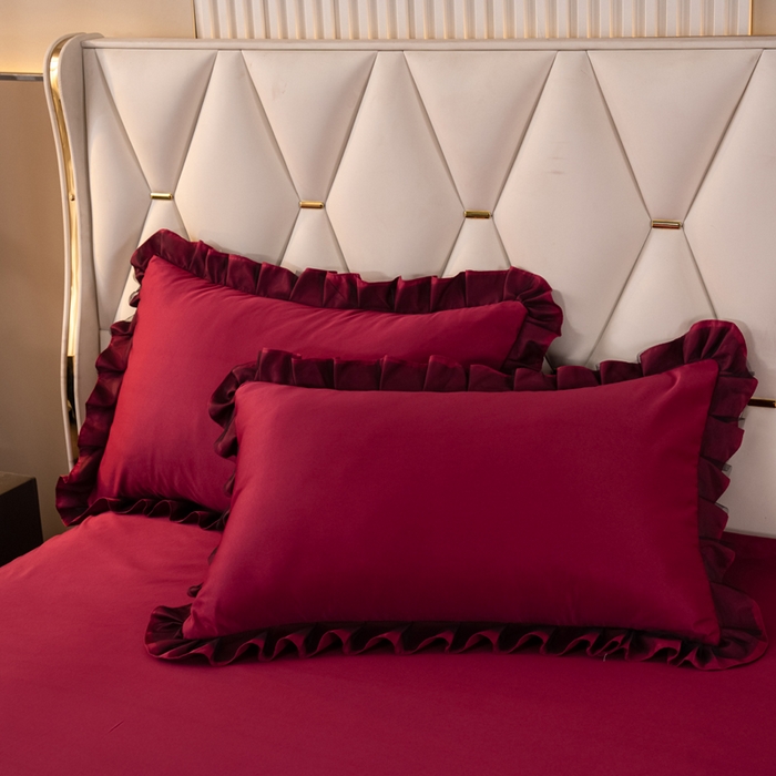 91家纺网 家纺一手货源 找家纺 畅畅家纺 2026新款水洗天丝纯色刺绣四件套床品套件 初夏酒红