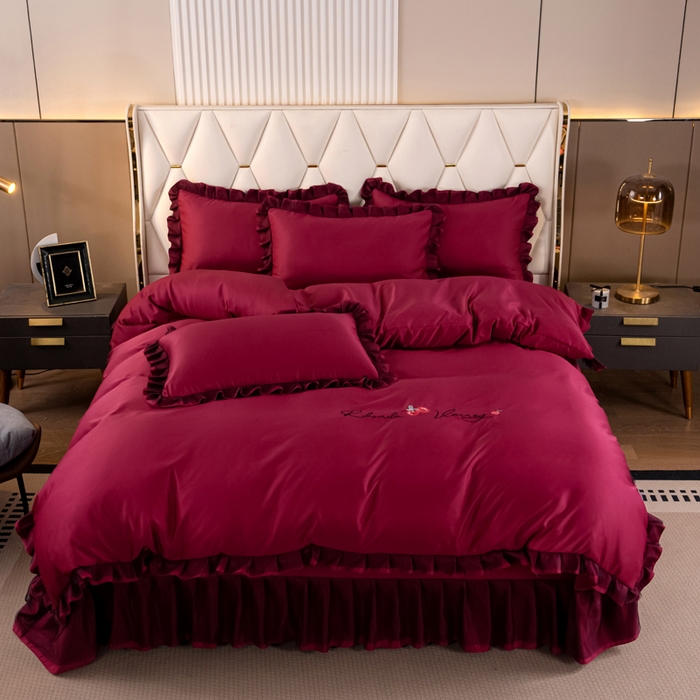 91家纺网 家纺一手货源 找家纺 畅畅家纺 2026新款水洗天丝纯色刺绣四件套床品套件 初夏酒红