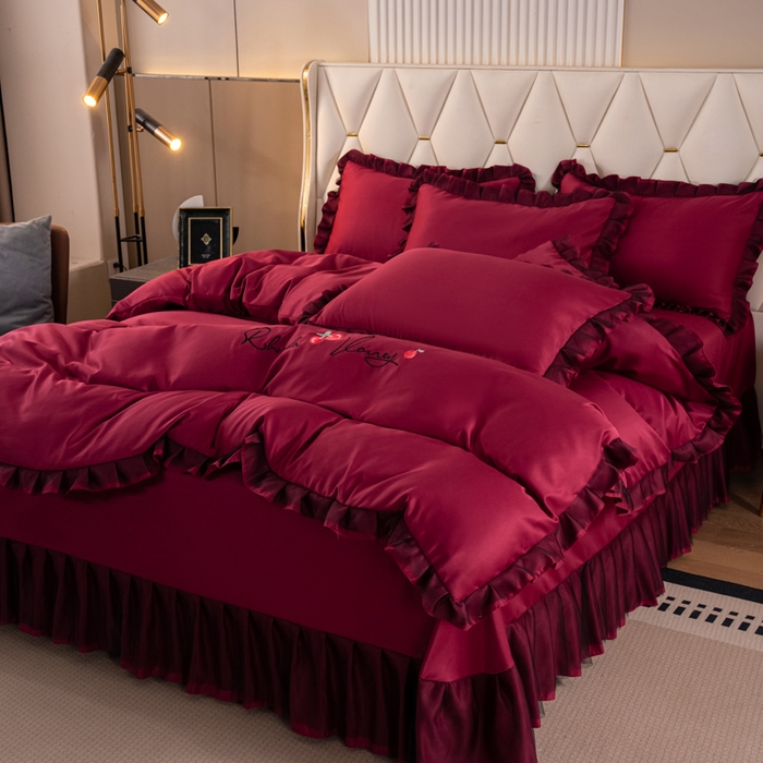 91家纺网 家纺一手货源 找家纺 畅畅家纺 2026新款水洗天丝纯色刺绣四件套床品套件 初夏酒红