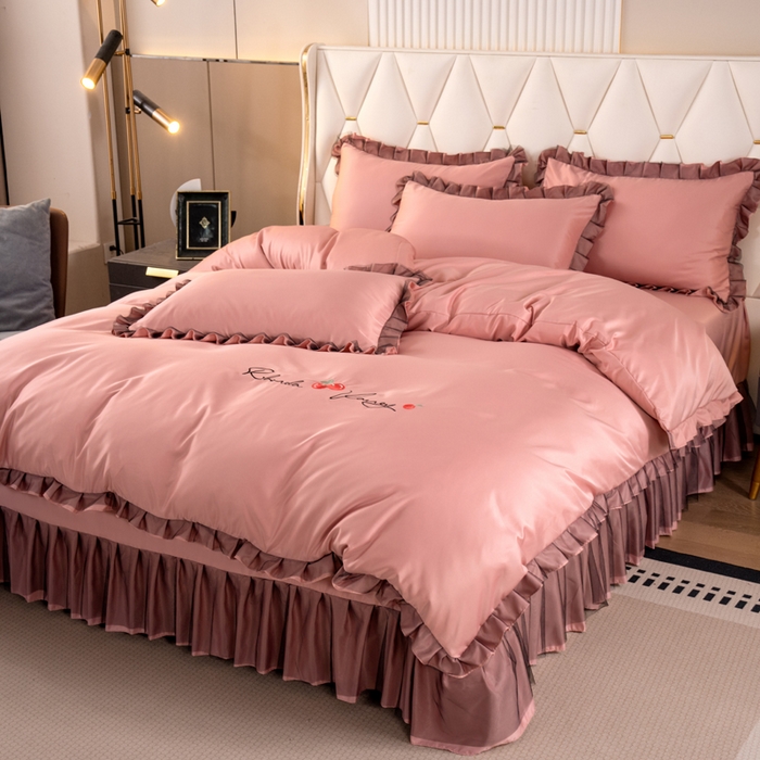 91家纺网 家纺一手货源 找家纺 畅畅家纺 2026新款水洗天丝纯色刺绣四件套床品套件 初夏浅豆沙