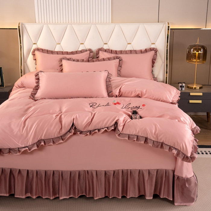 91家纺网 家纺一手货源 找家纺 畅畅家纺 2026新款水洗天丝纯色刺绣四件套床品套件 初夏浅豆沙