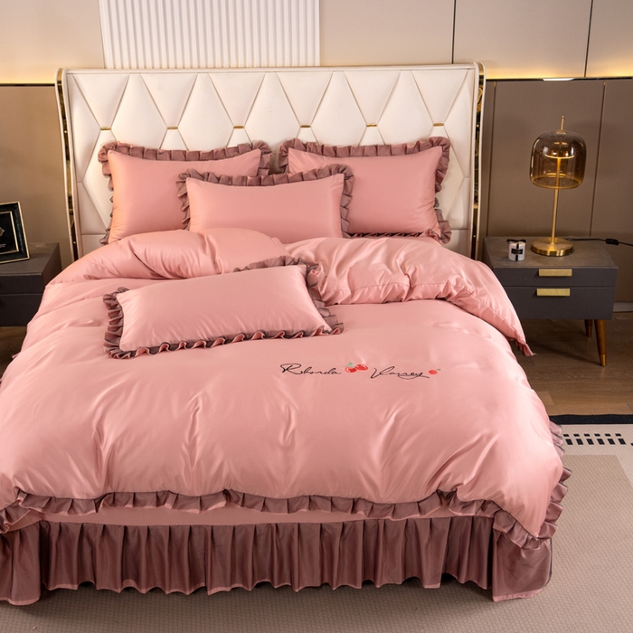 91家纺网 家纺一手货源 找家纺 畅畅家纺 2026新款水洗天丝纯色刺绣四件套床品套件 初夏浅豆沙