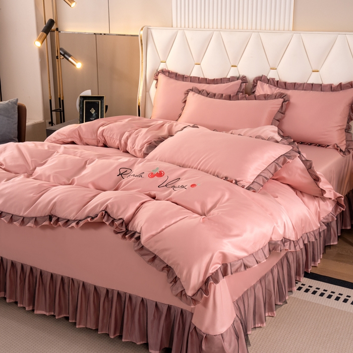 91家纺网 家纺一手货源 找家纺 畅畅家纺 2026新款水洗天丝纯色刺绣四件套床品套件 初夏浅豆沙