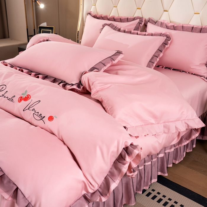 91家纺网 家纺一手货源 找家纺 畅畅家纺 2026新款水洗天丝纯色刺绣四件套床品套件 初夏浅粉