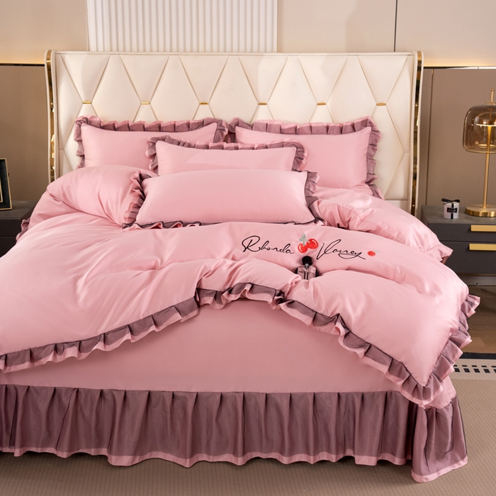 91家纺网 家纺一手货源 找家纺 畅畅家纺 2026新款水洗天丝纯色刺绣四件套床品套件 初夏浅粉