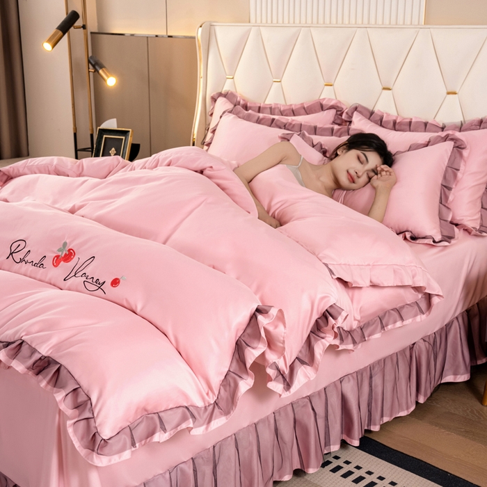 91家纺网 家纺一手货源 找家纺 畅畅家纺 2026新款水洗天丝纯色刺绣四件套床品套件 初夏浅粉