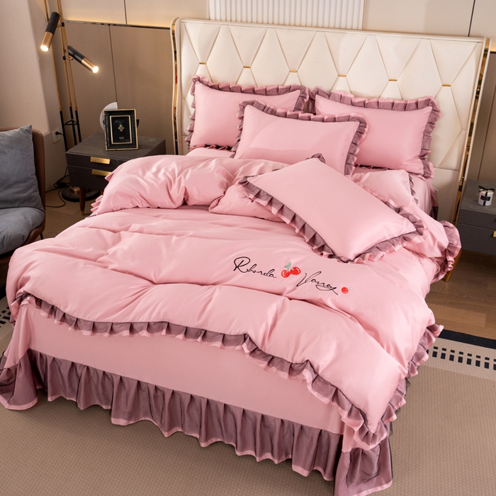 91家纺网 家纺一手货源 找家纺 畅畅家纺 2026新款水洗天丝纯色刺绣四件套床品套件 初夏浅粉