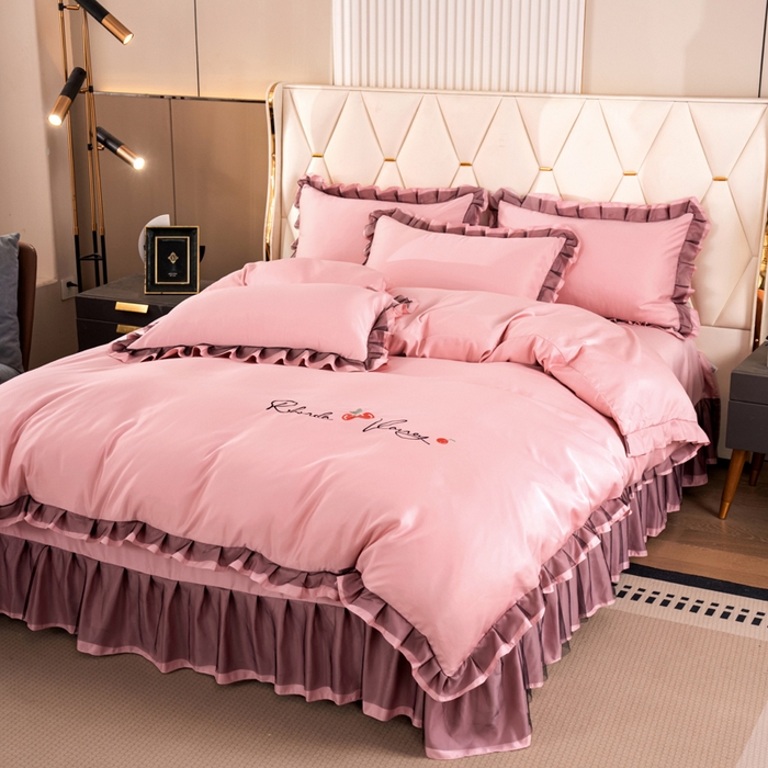 91家纺网 家纺一手货源 找家纺 畅畅家纺 2026新款水洗天丝纯色刺绣四件套床品套件 初夏浅粉