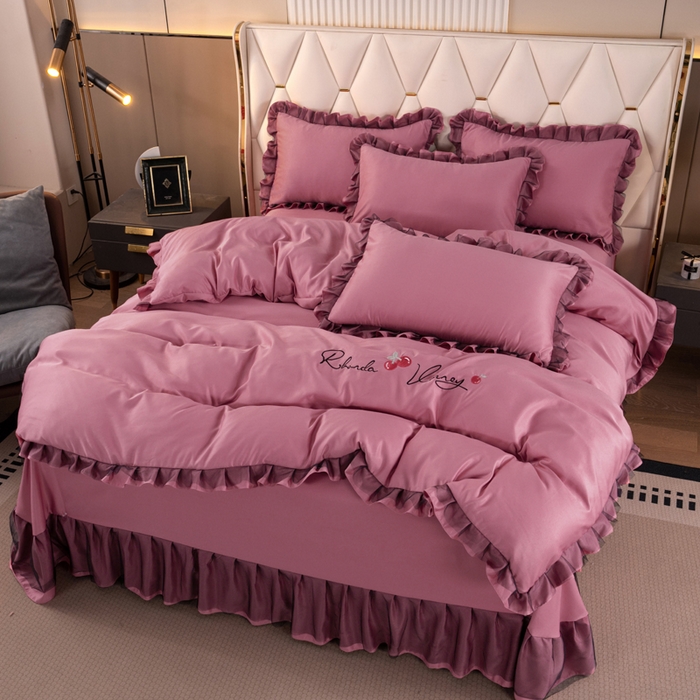 91家纺网 家纺一手货源 找家纺 畅畅家纺 2026新款水洗天丝纯色刺绣四件套床品套件 初夏深豆沙