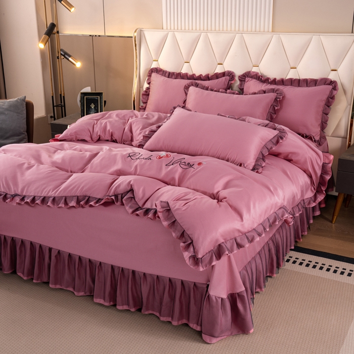 91家纺网 家纺一手货源 找家纺 畅畅家纺 2026新款水洗天丝纯色刺绣四件套床品套件 初夏深豆沙