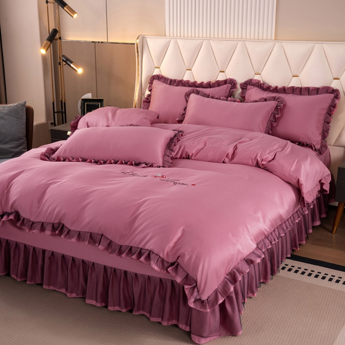 91家纺网 家纺一手货源 找家纺 畅畅家纺 2026新款水洗天丝纯色刺绣四件套床品套件 初夏深豆沙