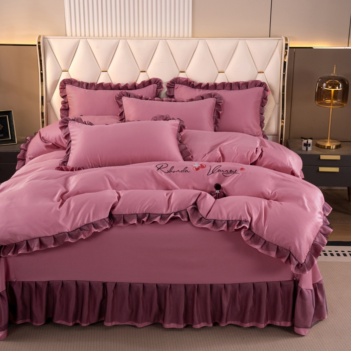 91家纺网 家纺一手货源 找家纺 畅畅家纺 2026新款水洗天丝纯色刺绣四件套床品套件 初夏深豆沙