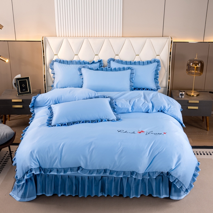 91家纺网 家纺一手货源 找家纺 畅畅家纺 2026新款水洗天丝纯色刺绣四件套床品套件 初夏天蓝