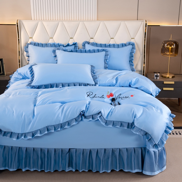 91家纺网 家纺一手货源 找家纺 畅畅家纺 2026新款水洗天丝纯色刺绣四件套床品套件 初夏天蓝