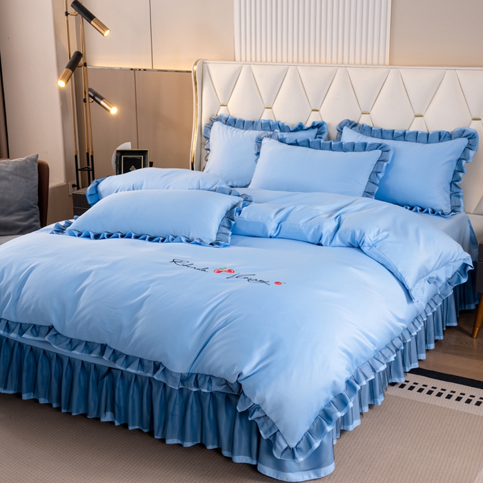 91家纺网 家纺一手货源 找家纺 畅畅家纺 2026新款水洗天丝纯色刺绣四件套床品套件 初夏天蓝